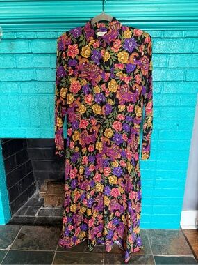 Jessica Black Floral Paisley Long-Sleeve Maxi Dress with Purple & Gold Accents